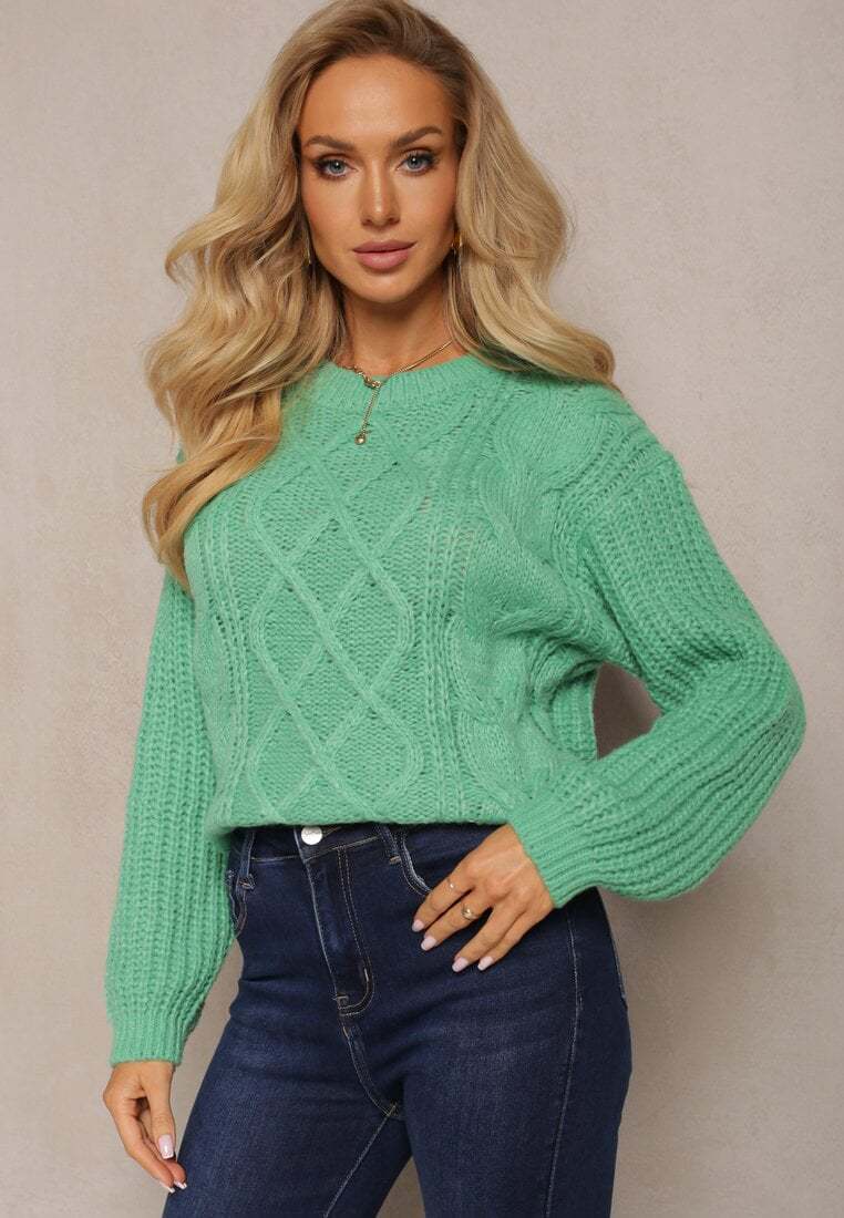 Damen Grobstrickpullover mit Zopfmuster Weite Ärmel Beige