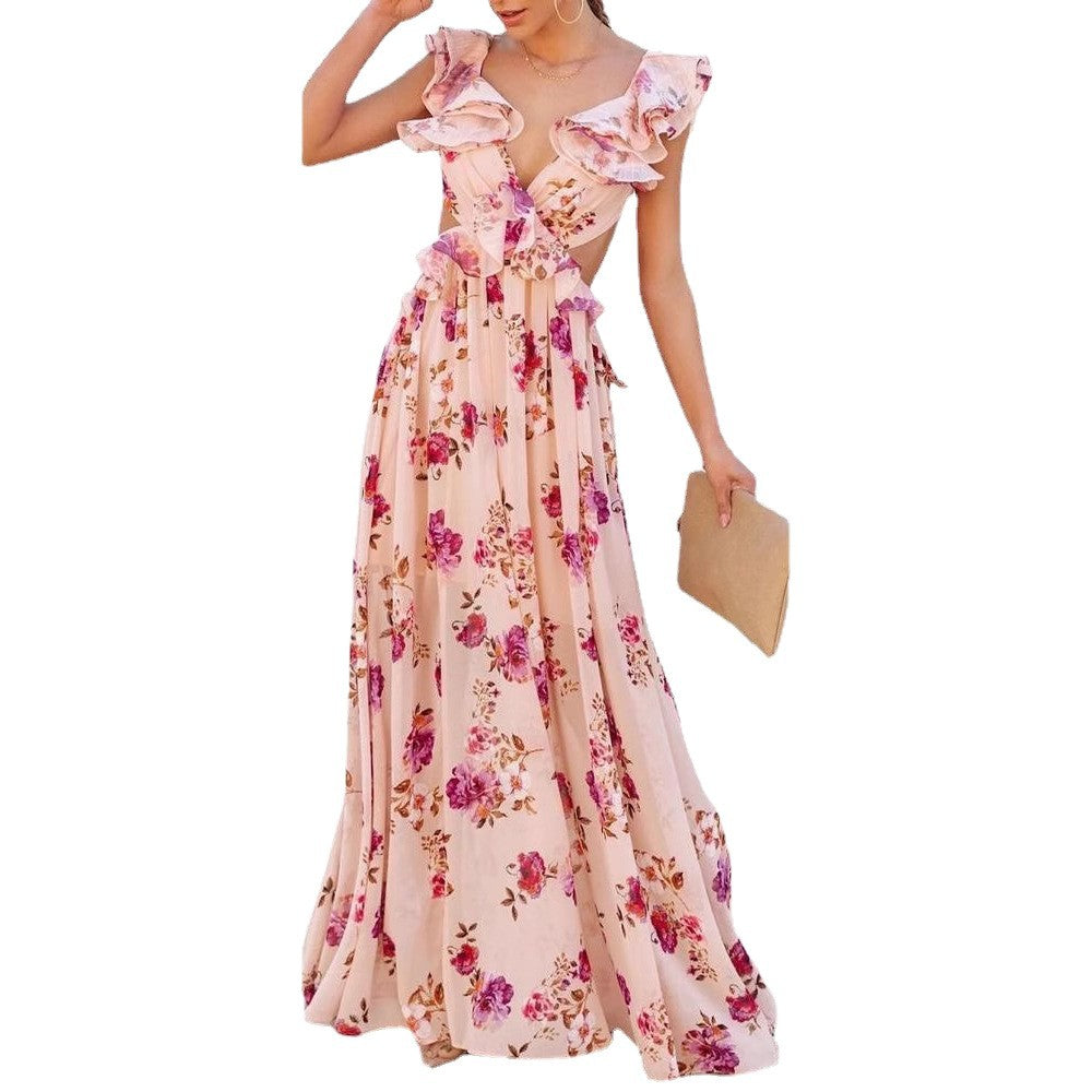 Damen Maxikleid Florale Rüschendetails V-Ausschnitt Eveloria