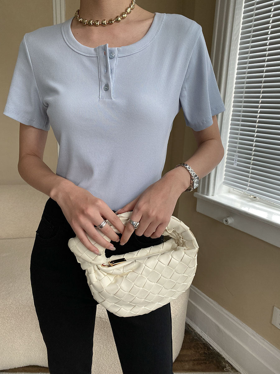 Damen Kurzarm Henley-Shirt mit Knöpfen Eveloria