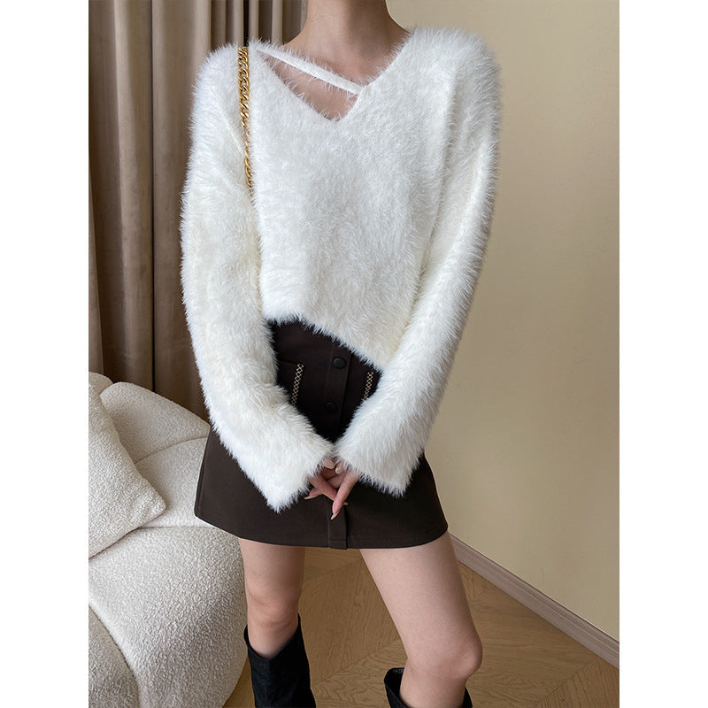 Damen Pullover V-Ausschnitt Weiches Material Beige