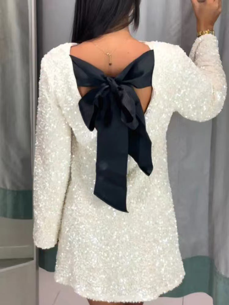 Damen Mini-Kleid mit Pailletten und Puffärmeln Glitzernd