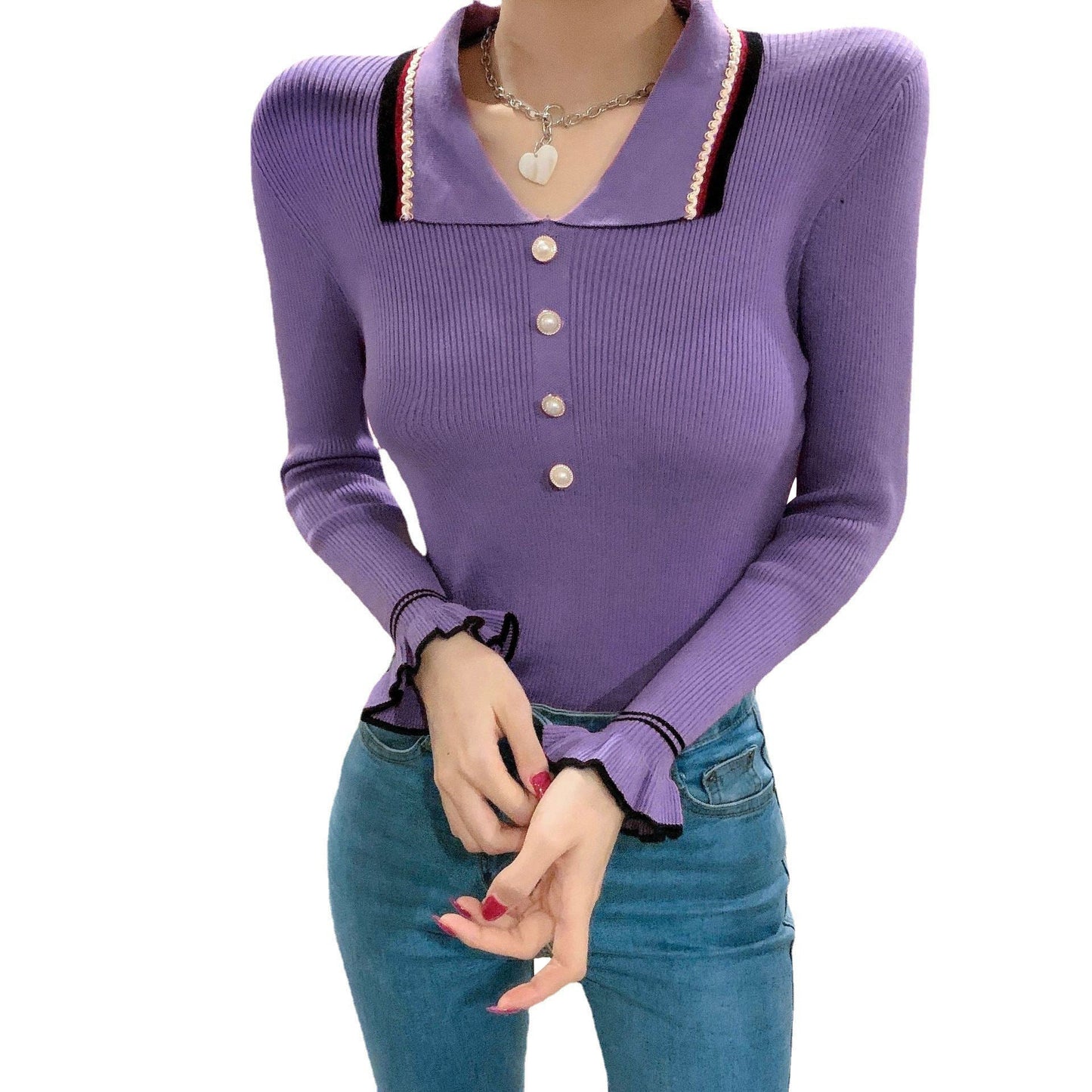 Damen Strickoberteil mit Kragen Modisch Elegantes Design