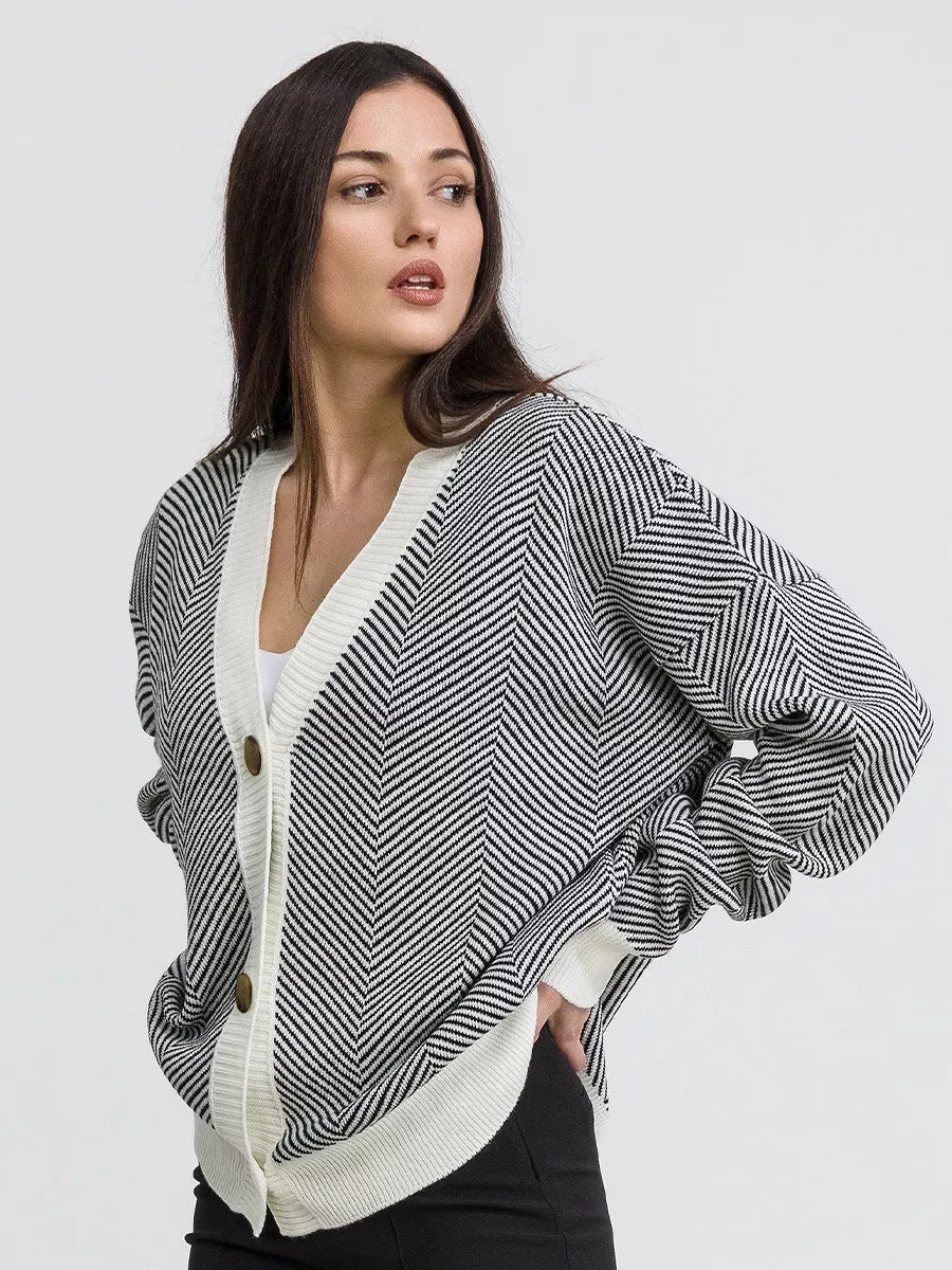 Damen Strickcardigan Chevron Muster Elegante Knöpfe