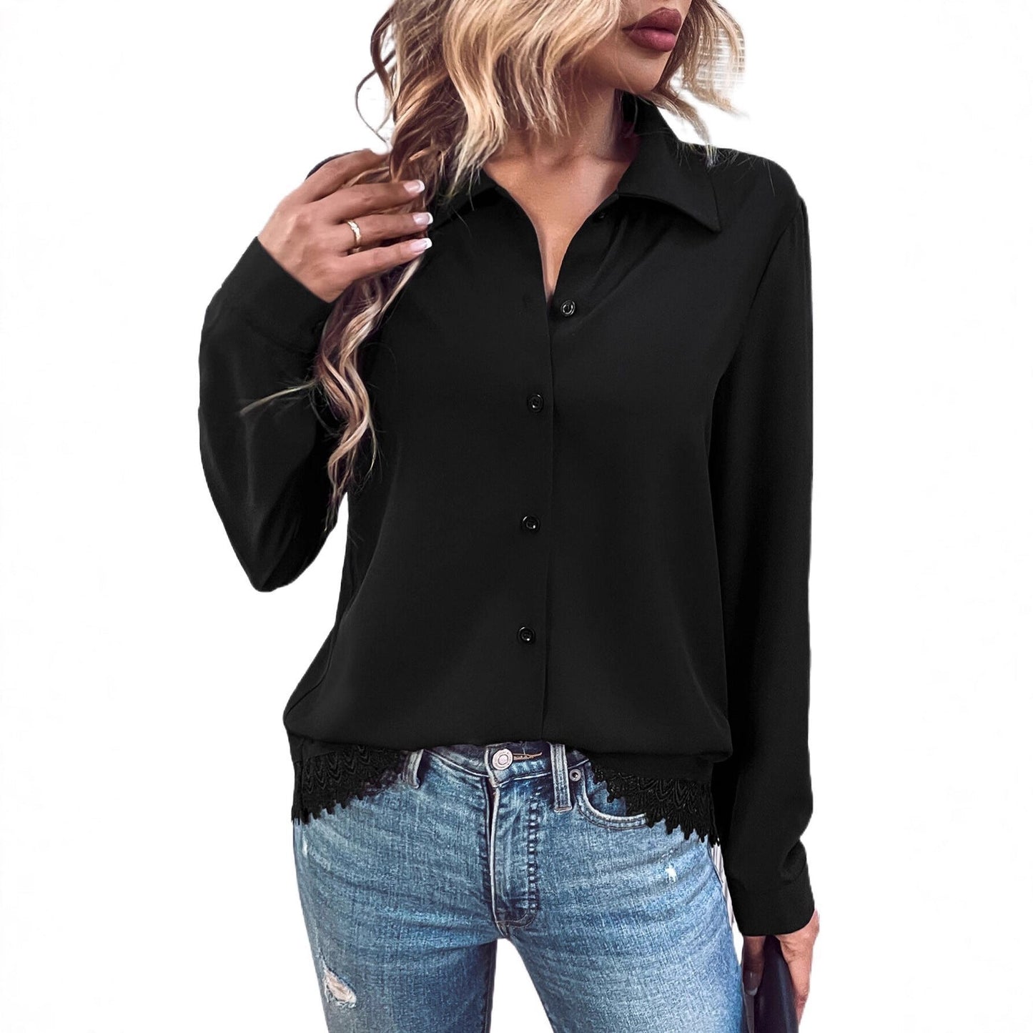 Damen Bluse Spitze Knopfleiste Eveloria