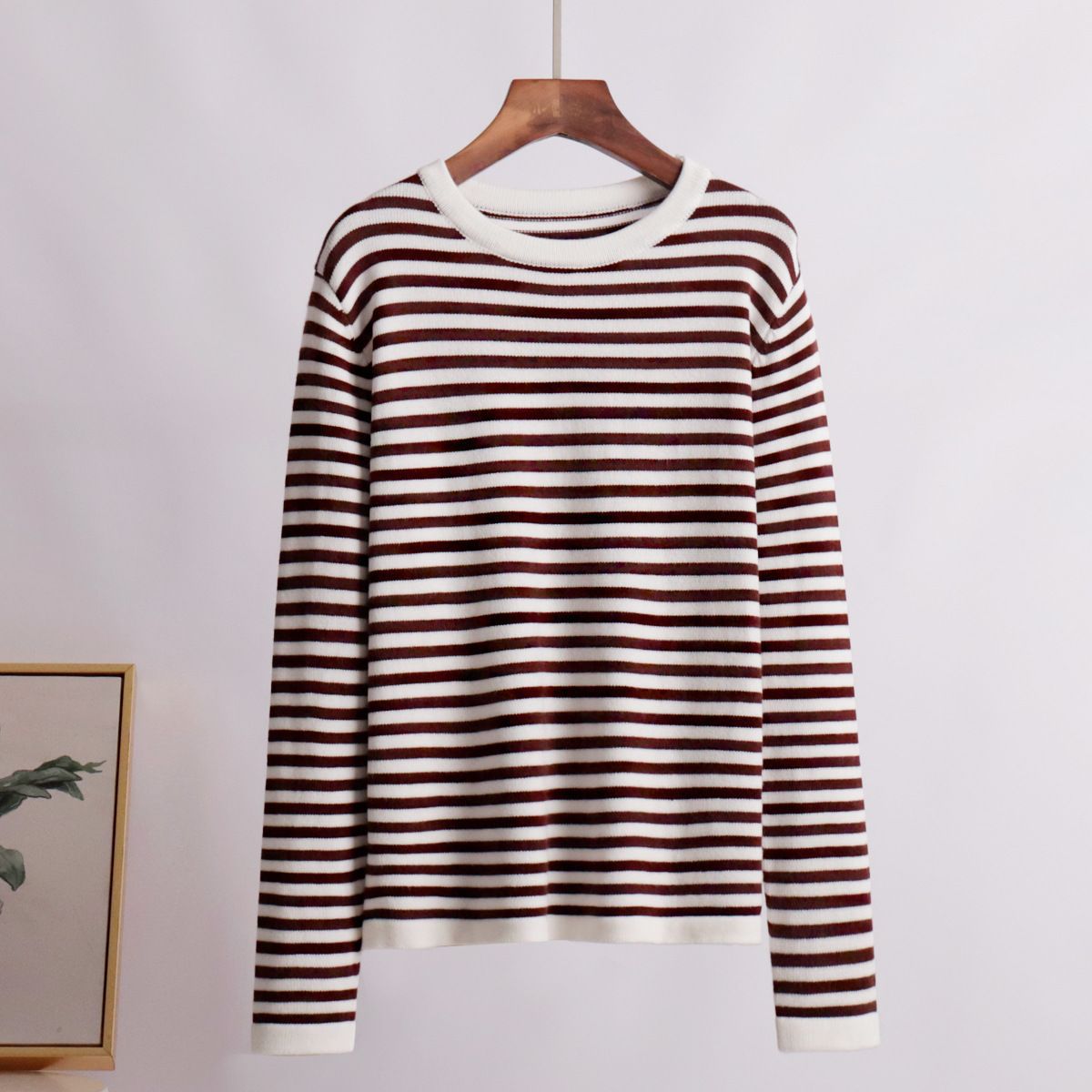 Damen Langarmpullover Weiches Streifenmuster Baumwollmix weiß