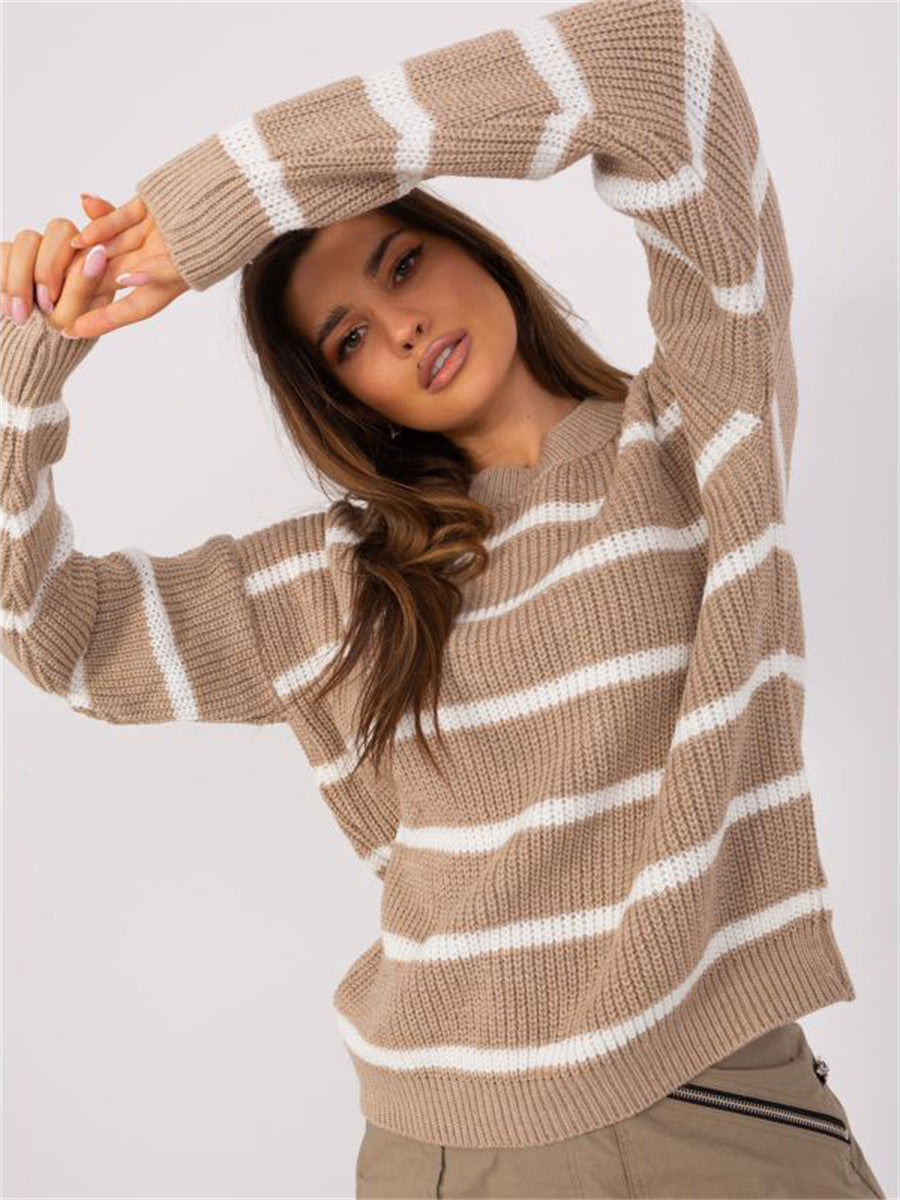Damen Grobstrickpullover Lässiges Streifenmuster Rundhalsausschnitt