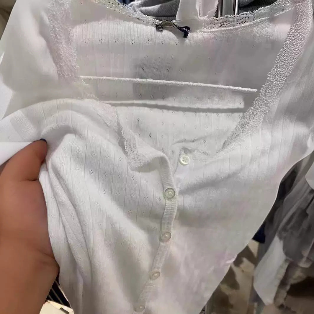 Damen Langarmshirt feine Spitze Weiß