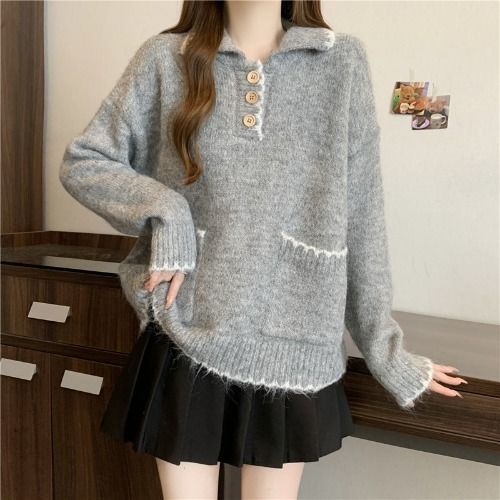 Damen Strickpullover mit Kragen und Knöpfen