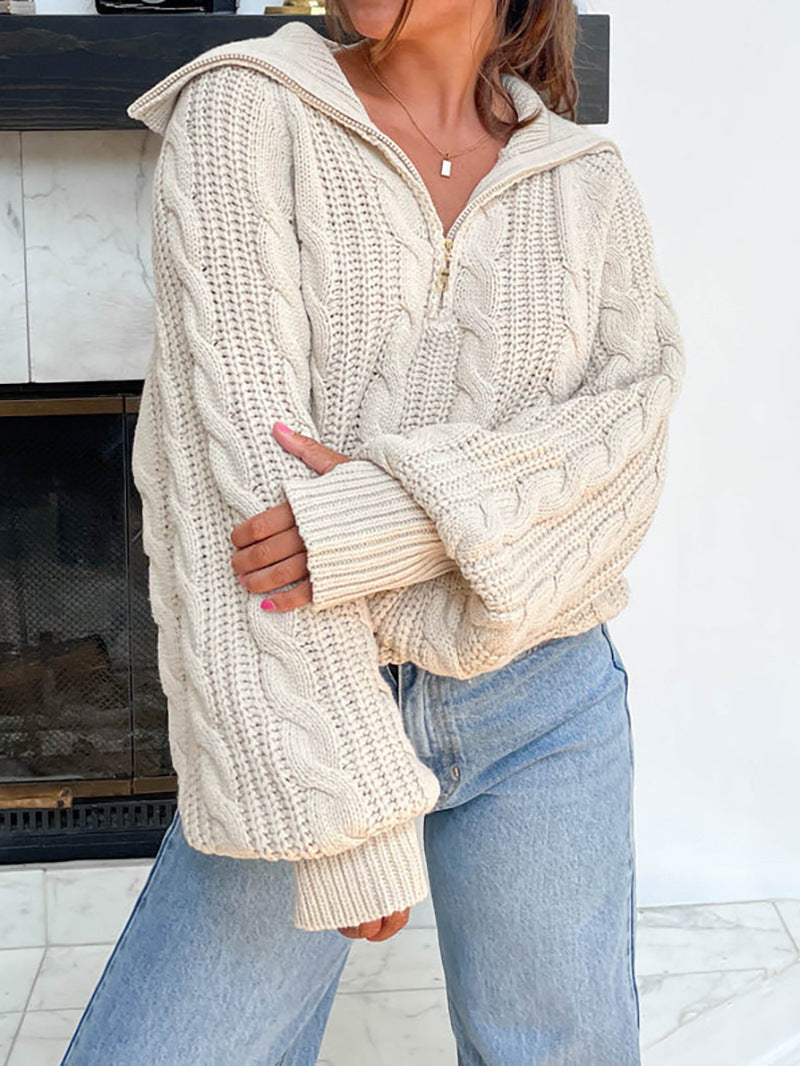 Damen Strickpullover mit Kapuze und Reißverschluss Grau