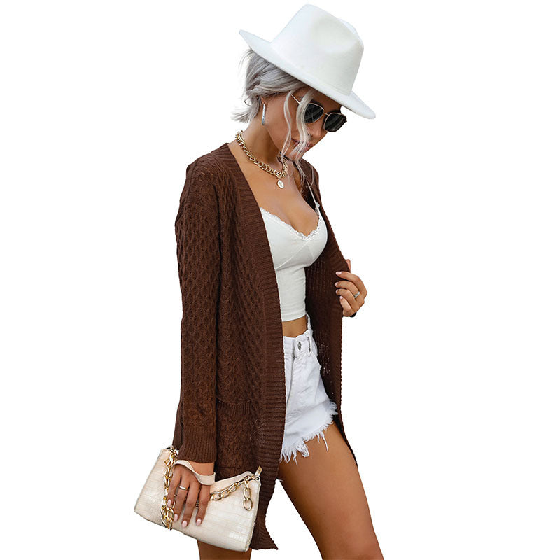 Damen Strickcardigan Lässig Relieffmuster Praktische Taschen Beige