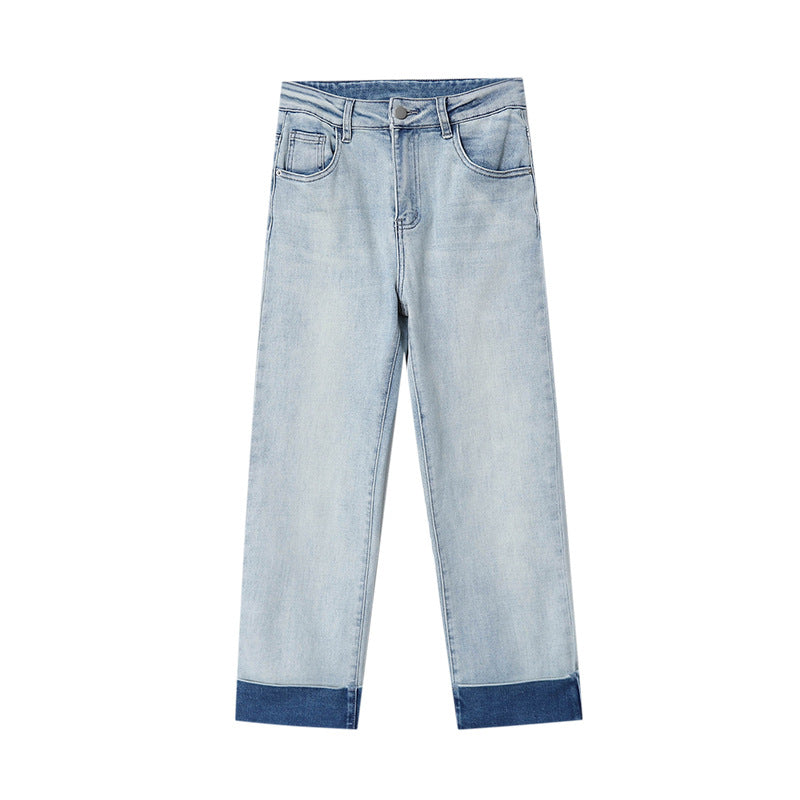 Damen High-Waist Jeans Vintage-Look Umgeschlagener Saum Dunkelblau