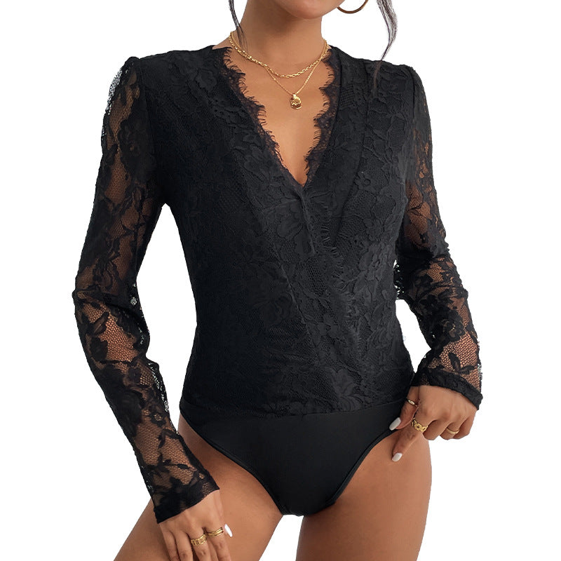 Damen Spitzenbody V-Ausschnitt transparente Ärmel Eveloria