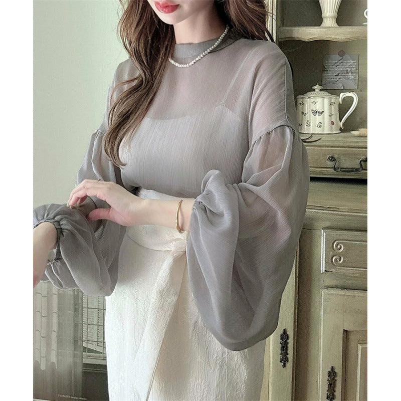 Eveloria Damen Bluse Rundhalsausschnitt Voluminöse Ärmel Elegante