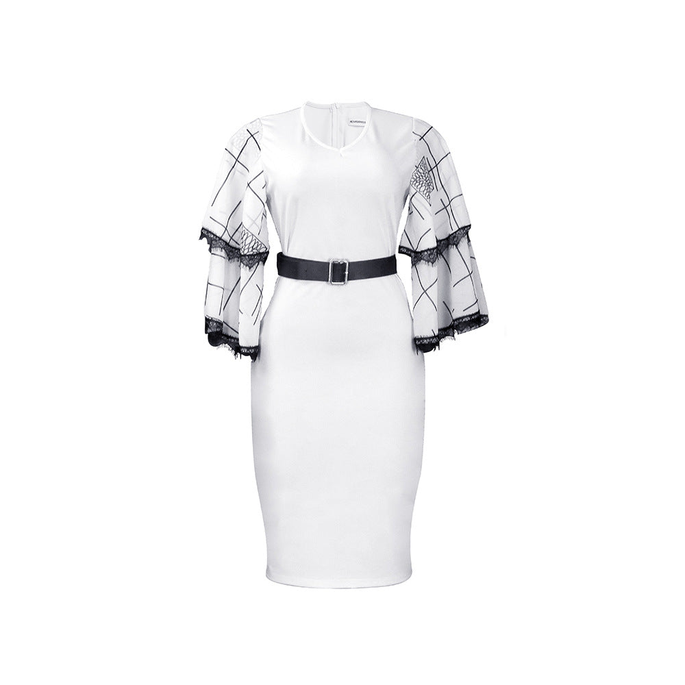 Damen Etuikleid Spitzenärmel Gürtel Elegant Eveloria