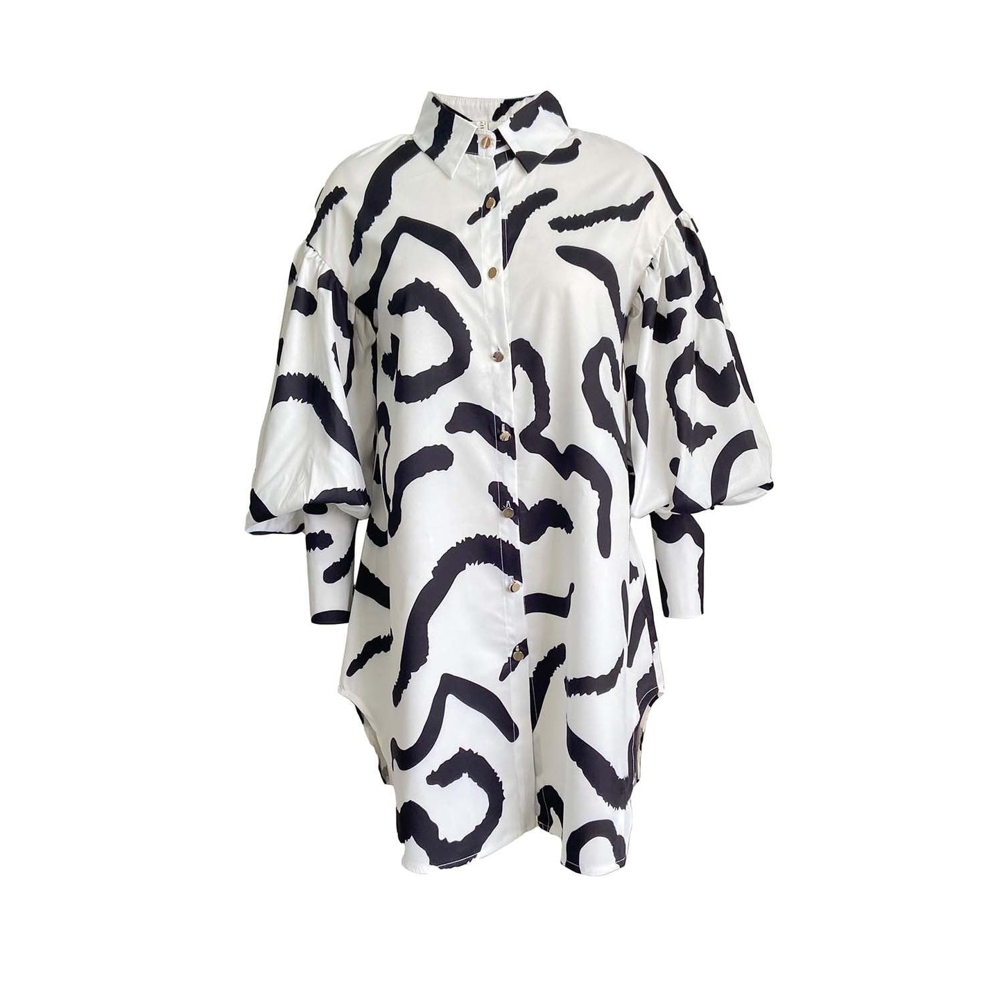 Damen Hemdkleid Oversize Puffärmel Lebhaftes Muster