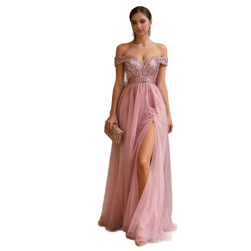 Damen Abendkleid Schulterfrei Glitzerapplikationen Eveloria