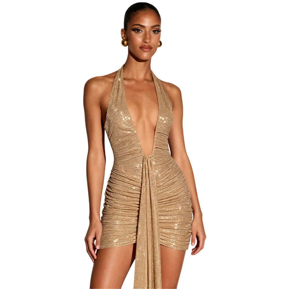 Damen Minikleid Glitzernd V-Ausschnitt Raffiniert Eveloria