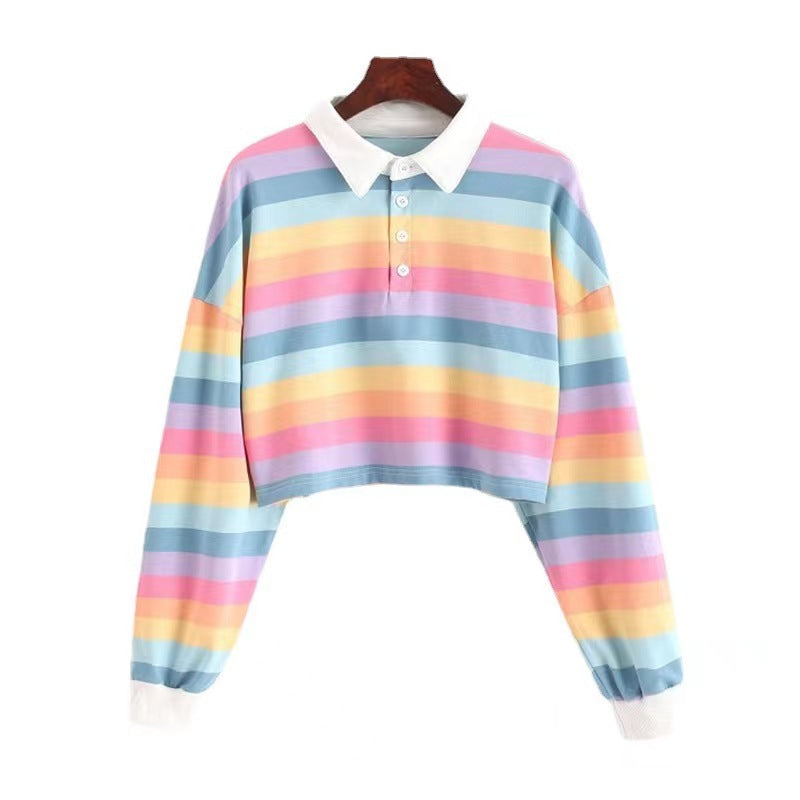 Damen Cropped Poloshirt Bunt Streifen Weite Passform