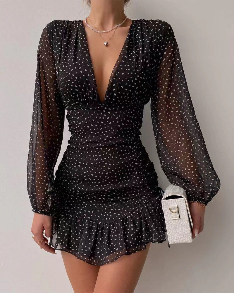 Damen Minikleid V-Ausschnitt Puffärmel Rüschen Elegant