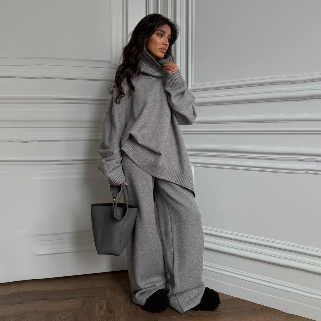 Damen Oversized Strickpullover Hoher Kragen Eveloria