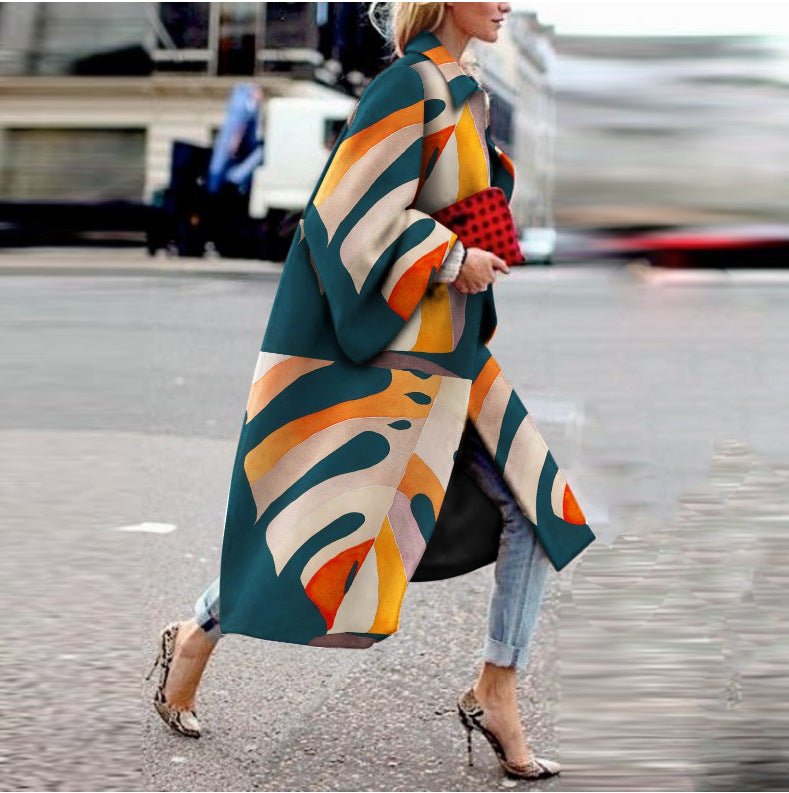 Damen Langarm Mantel Ethno-Muster Bunt Eveloria