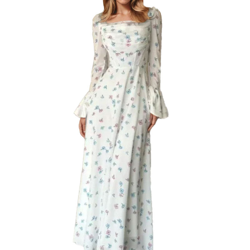 Damen Maxikleid mit Blumenapplikationen und Volumenärmeln