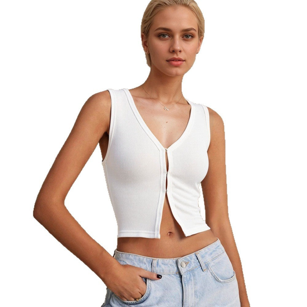 Damen Cropped V-Ausschnitt Dekorativer Knopfdesign