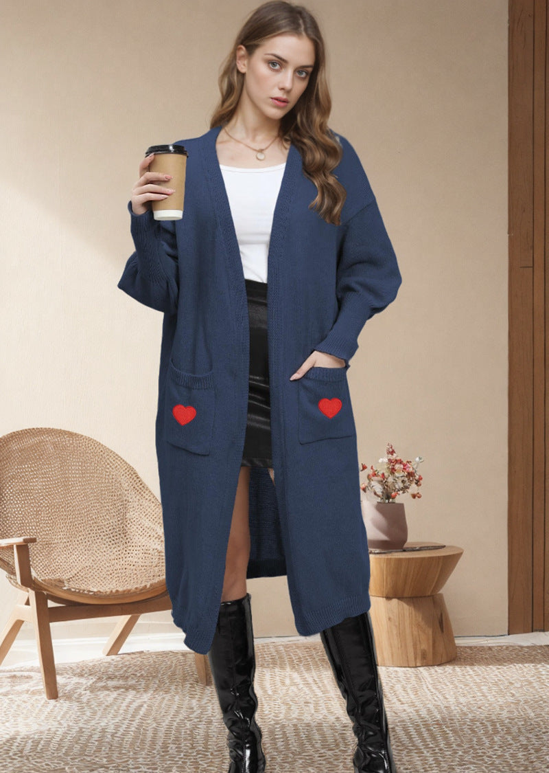 Damen Strickjacke Langarm mit Herzen Offene Taschen
