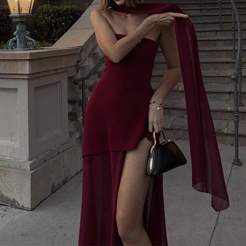 Damen Maxikleid Asymmetrisch Transparenter Überrock