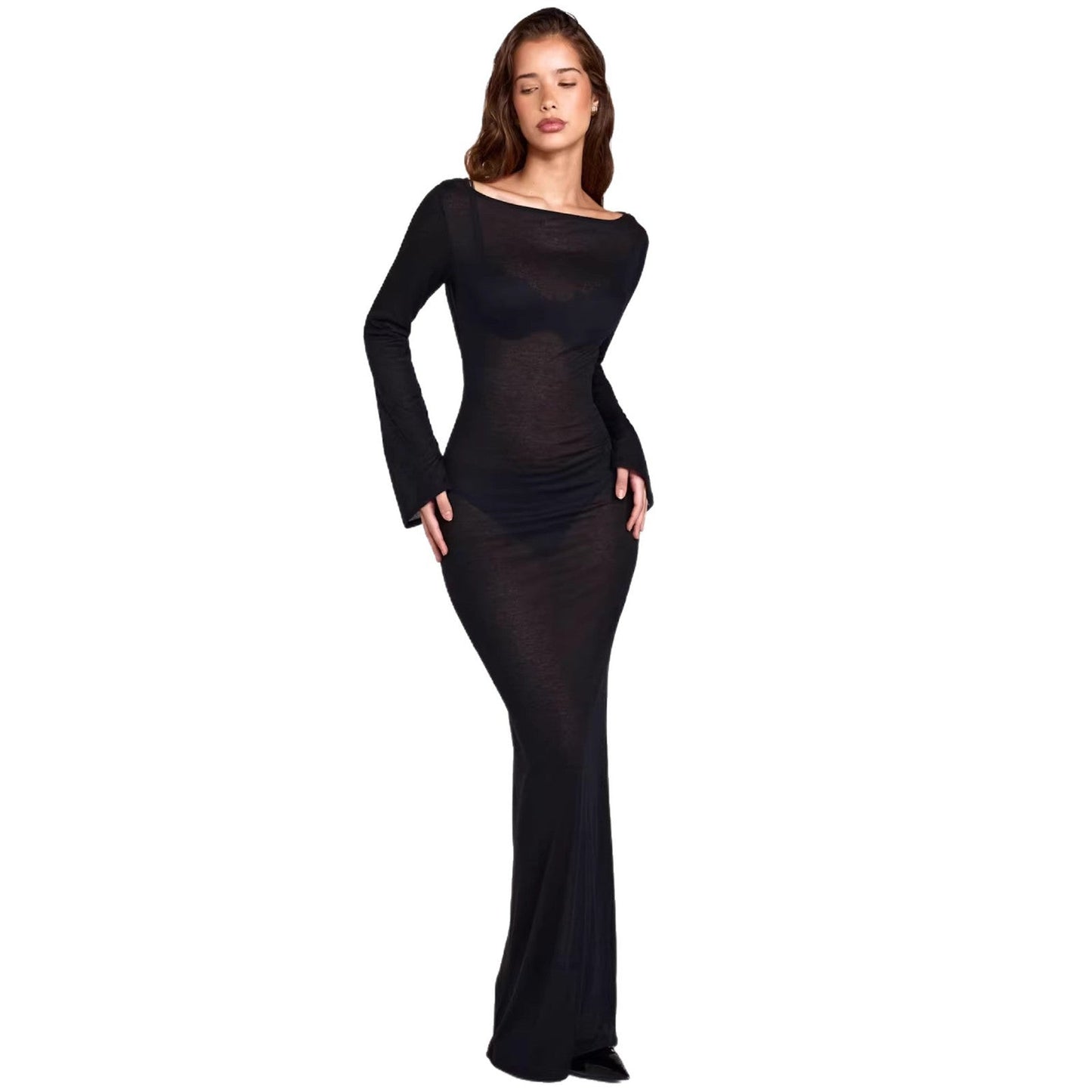 Damen Maxikleid Langärmlig Transparent Figurbetont Eveloria