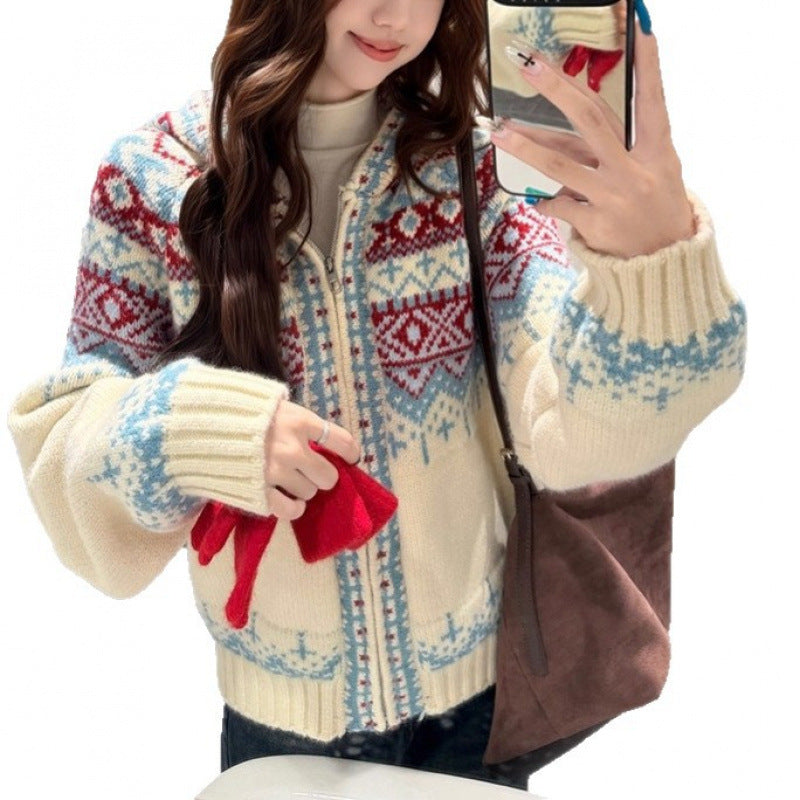 Damen Strickjacke Nordisches Muster V-Ausschnitt Eveloria