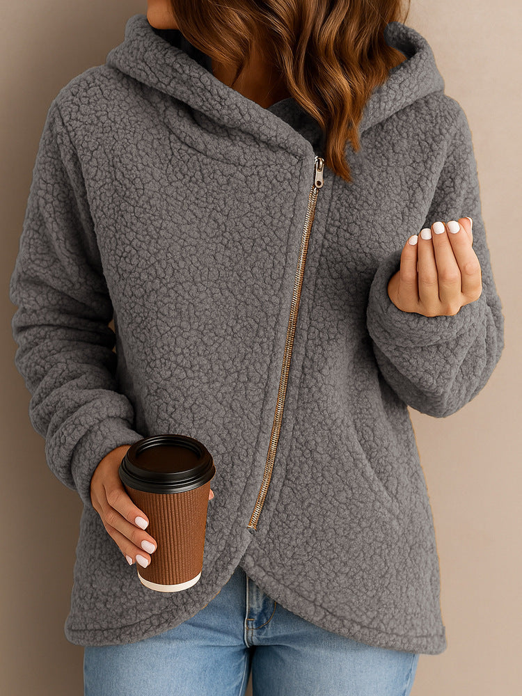 Damen Fleecejacke Asymmetrischer Reißverschluss Kapuze
