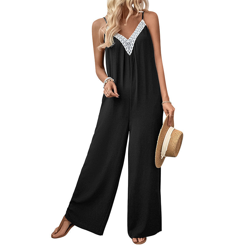 Damen Jumpsuit V-Ausschnitt Spitzenakzent Eveloria