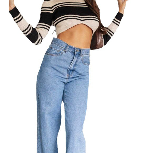 Damen Weite Jeans Hochbund Fransensaum Eveloria