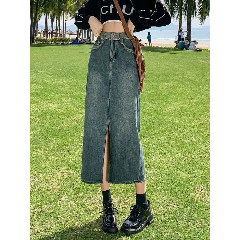 Damen Denim-Rock Lang Hochteilung Blau Eveloria