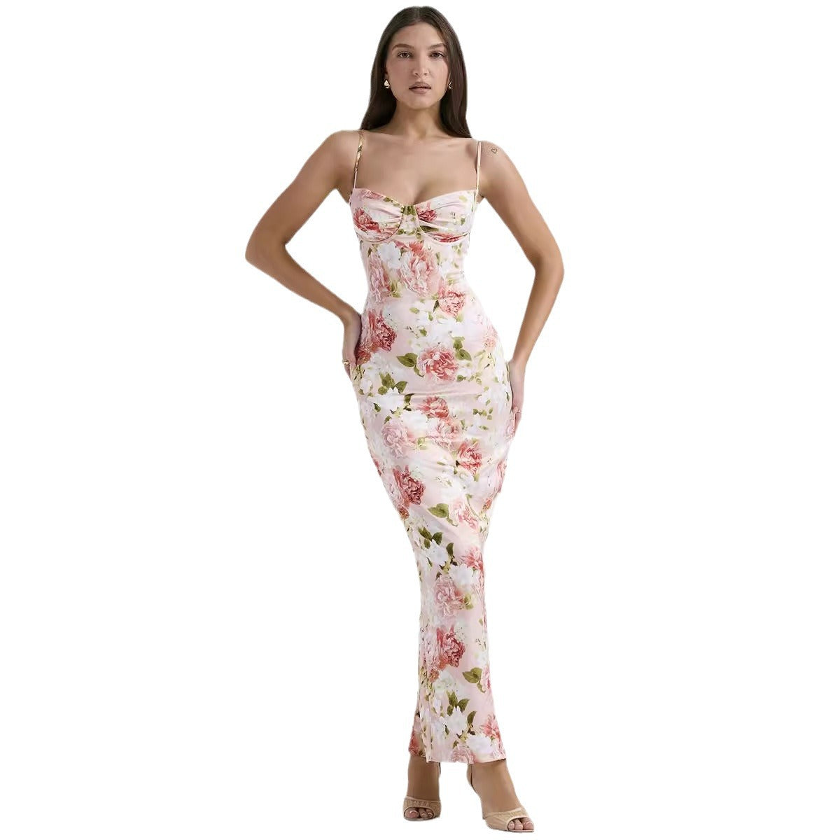 Damen Maxikleid Floral Design Spaghettiträger Eveloria