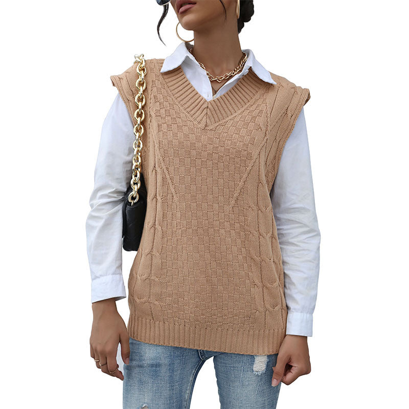 Damen Strickpullover ohne Ärmel V-Ausschnitt Strukturiert Eveloria