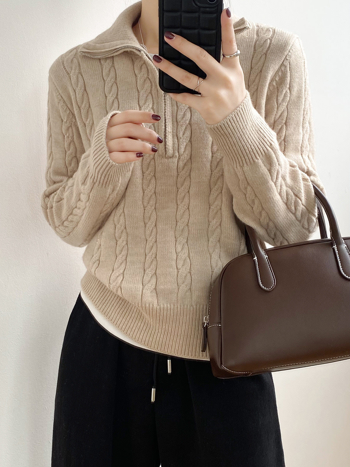 Damen Grobstrickpullover Hochkragen Zopfmuster