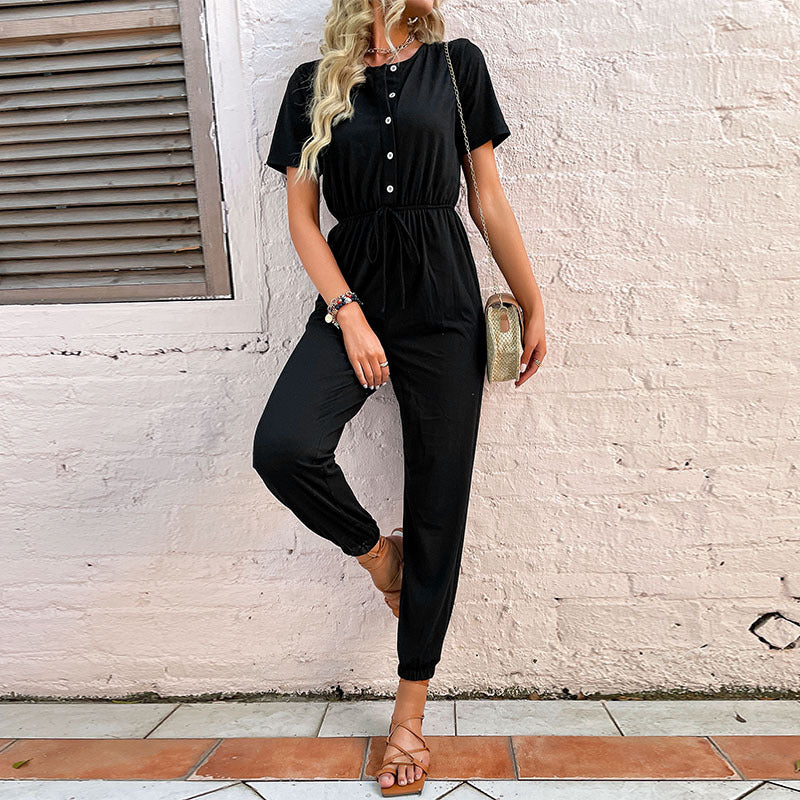 Damen Jumpsuit Halbärmelig Elastischer Bund Eveloria