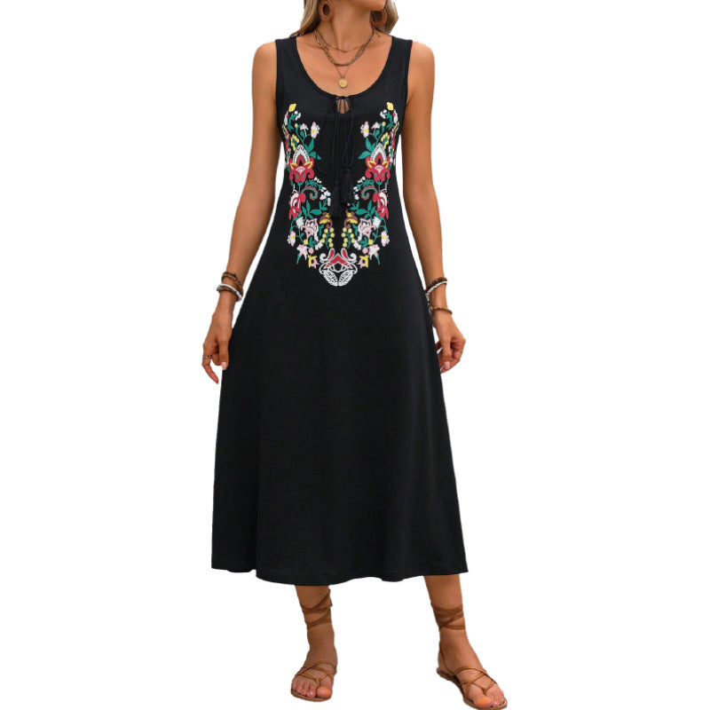 Damen Maxikleid mit Blumenapplikationen und Verstellbarem Gürtel