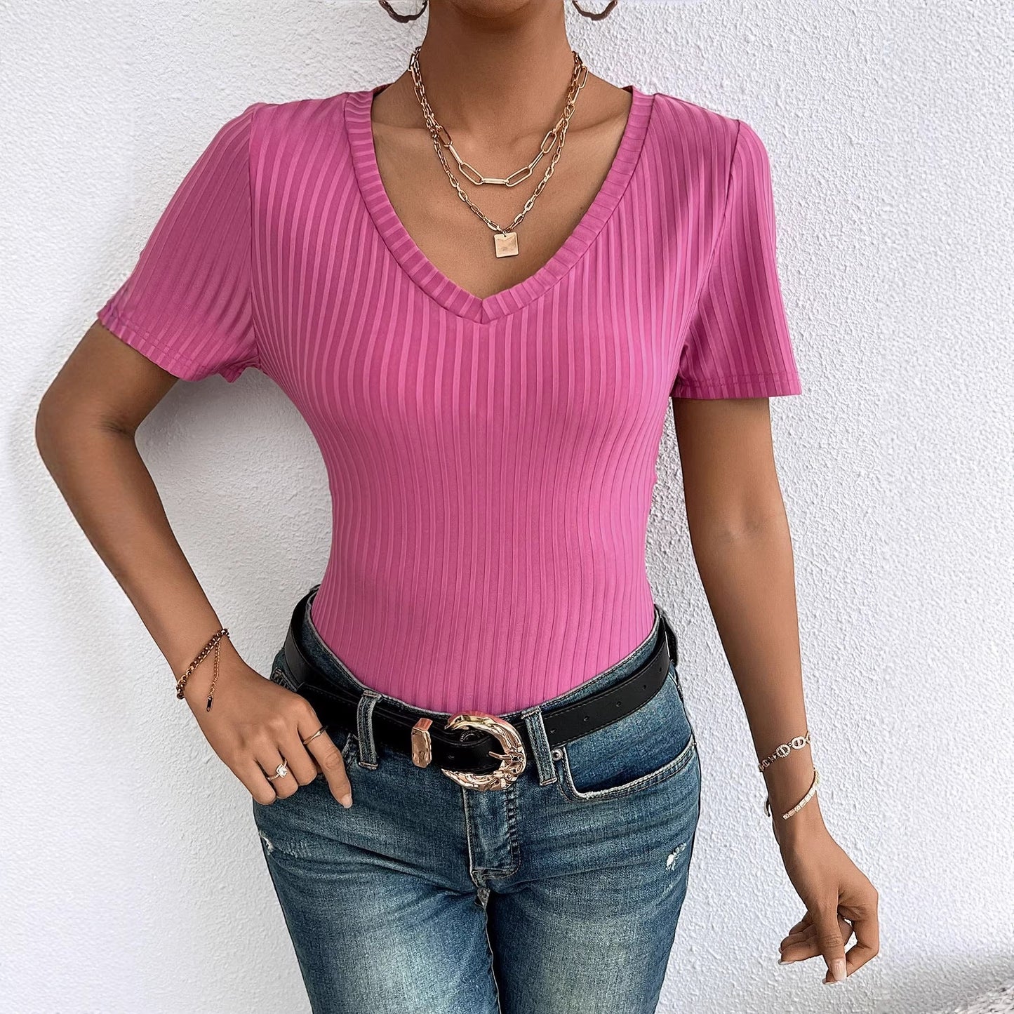 Damen Kurzarmshirt V-Ausschnitt Rippstruktur Eveloria