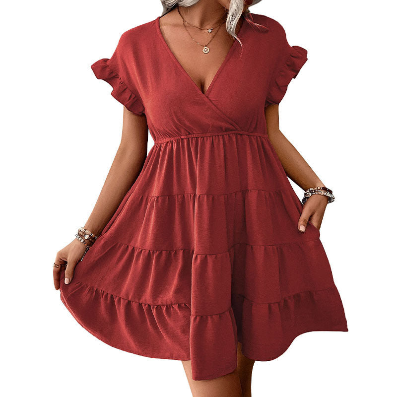 Damen Wickelkleid Rüschendetails Schwingrock Eveloria