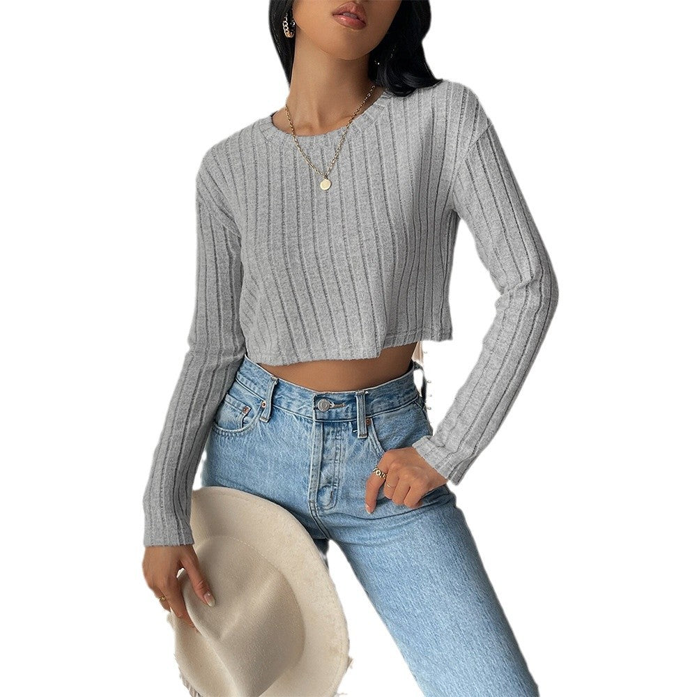 Damen Cropped Pullover Feine Rippstruktur Lange Ärmel Eveloria