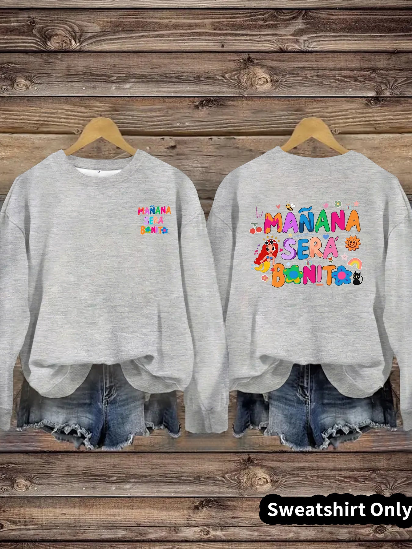 Damen Sweatshirt Verspielter Aufdruck Lässiger Schnitt Grau