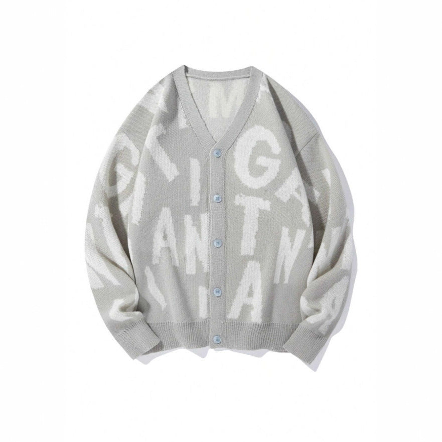 Damen Strickjacke V-Ausschnitt mit Schriftmuster Anthrazit