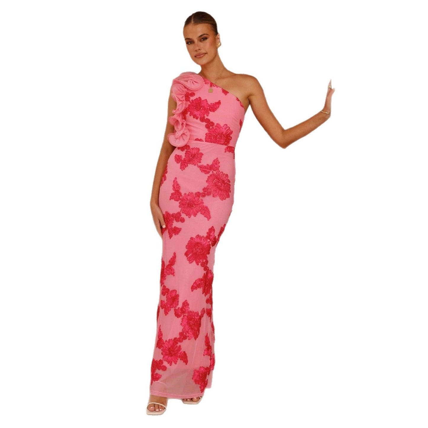 Damen Abendkleid Asymmetrischer Träger Florale Applikationen Eveloria