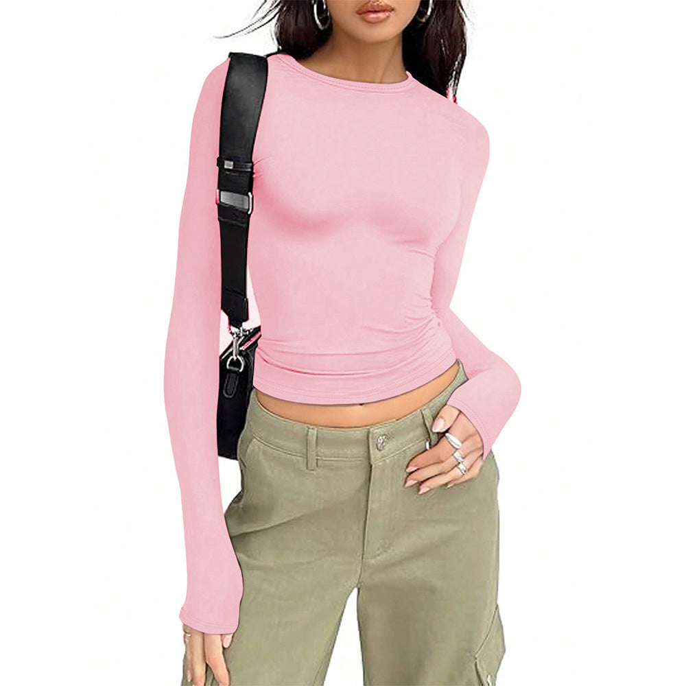 Damen Langarmshirt Rundhalsausschnitt Elegantes Basicshirt Weiss