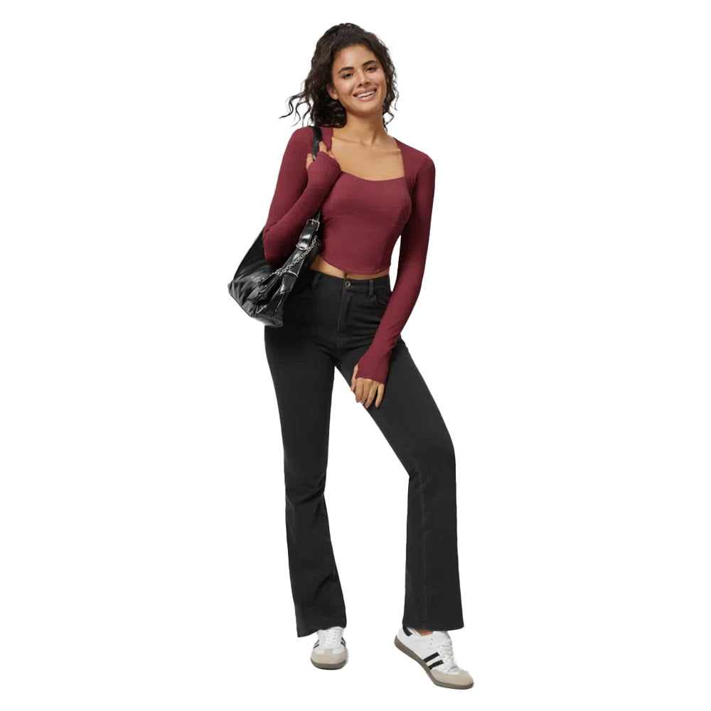 Damen Langarm Crop Rippmaterial Quadrat-Ausschnitt Eveloria