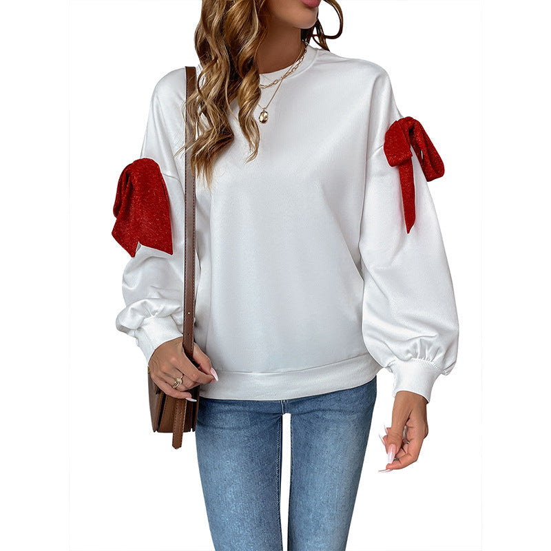 Damen Sweatshirt Voluminöse Puffärmel Schleifendesign Grau