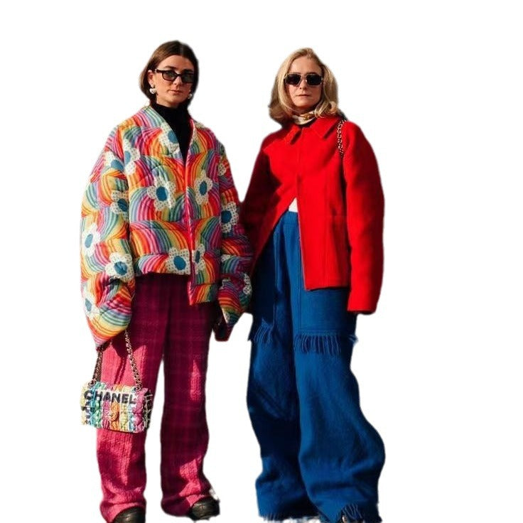 Damen Steppjacke Bunt Voluminöse Ärmel Kuschelig
